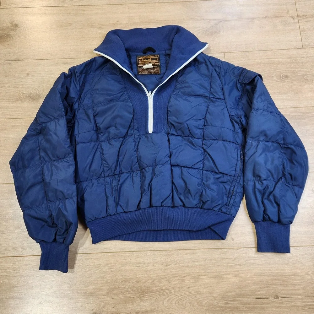 Vintage Eddie Bauer Jacket Mens Medium Blue Goose Down 1/4 Zip Puffer 70s 80s - Picture 1 of 7